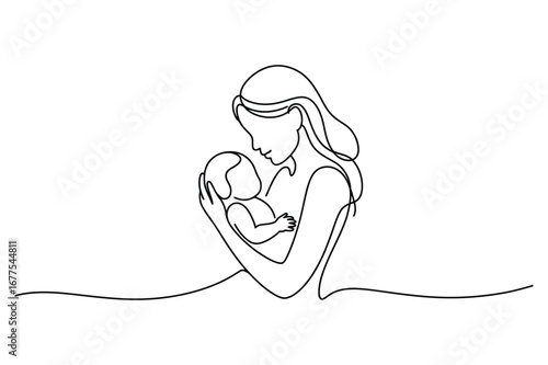 One Line Drawing of a Woman Holding a Baby | Vector Illustration of Motherhood and Care.