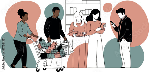 Diverse group shopping together using smartphone and cart in modern store scene vector illustration