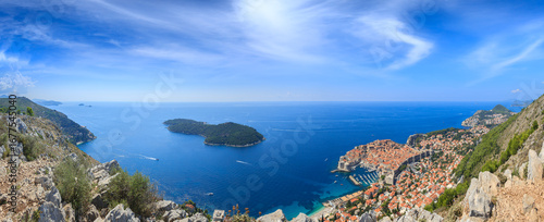 Panoramic view  of Dubrovnik old city and Dalmatian Coast in Croatia: in the center Lokrum Island.
