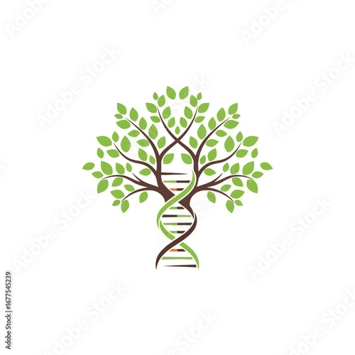 Tree with DNA helix, symbolizing life, genetics, family, and the connection between nature and science.