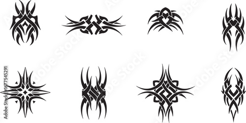 Collection of stylized black and white tribal tattoo designs, featuring abstract symmetrical patterns ideal for body art, graphic elements, or decorative motifs