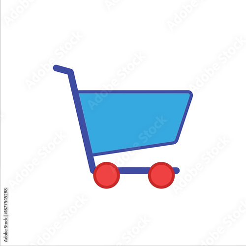 Simple blue shopping cart icon with a dark blue frame and bright red wheels.