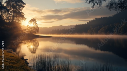 A tranquil lakeside scene at sunrise, with mist hovering over the water and trees reflecting on the calm surface.