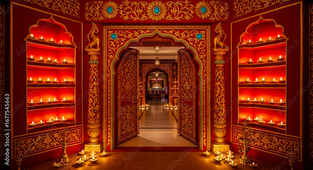 Obraz premium Ornate indian doorway with intricate carvings and warm lighting isolated on white background isolated on transparent background silhouette