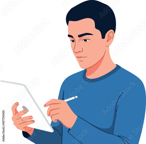 Man using digital tablet with stylus pen in blue shirt focused on screen vector illustration