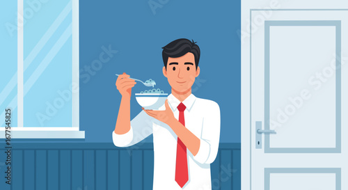 Man eating rice bowl with spoon indoors office setting casual meal vector illustration