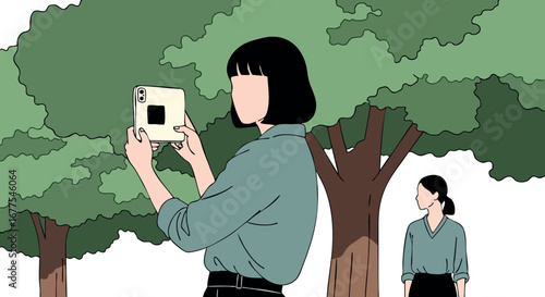 Woman using instant camera outdoors capturing photos in green park with trees natural setting