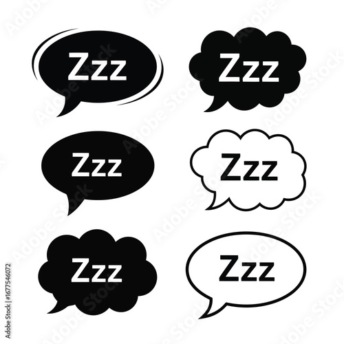 A collection of six black and white vector icons featuring 'Zzz' in speech bubbles to represent sleep or snoring.