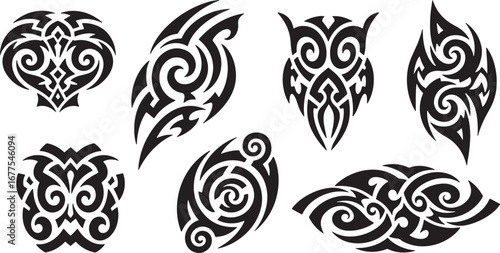 Set of Various Tribal Tattoo Designs in Black and White, Showcasing Ornamental and Symbolic Art