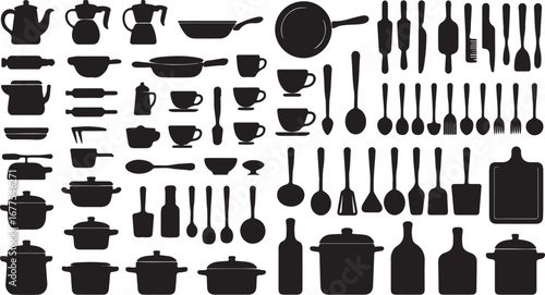 Collection of Kitchen Utensils and Cookware Silhouettes kitchenware cooking