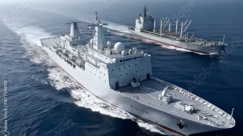 Modern Naval Fleet Sailing in the Open Sea
