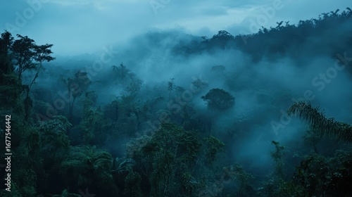 A misty jungle landscape featuring dense trees shrouded in fog, creating an atmospheric and mysterious ambiance.