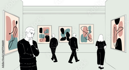 People observing abstract art paintings in modern art gallery interior with minimalist design and muted colors