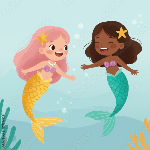 Two happy mermaid girls swimming underwater with starfish hair accessories in colorful tails illustration 