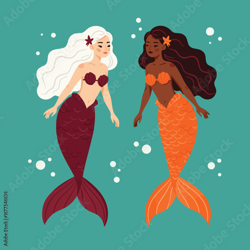 Two colorful mermaids with flowing hair swimming underwater with bubbles vector illustration 