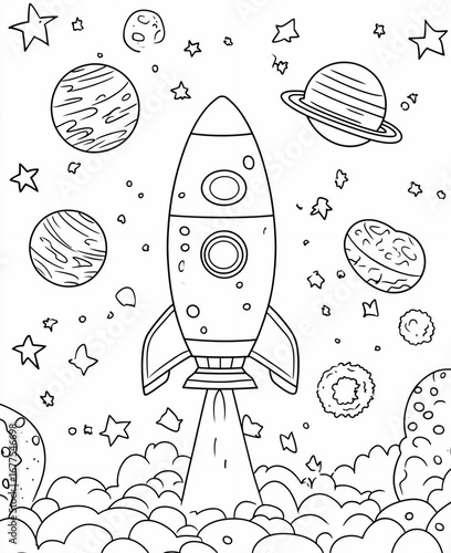 Black and white line art coloring page of a rocket launching into space, surrounded by planets, stars, clouds, and cosmic details. Fun and playful cartoon style illustration