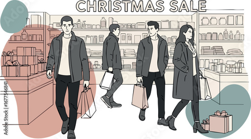 Christmas sale shoppers carrying bags walking in store during holiday shopping season vector illustration