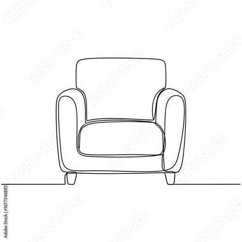 A minimalist armchair illustrated with a single, continuous black line on a white background.