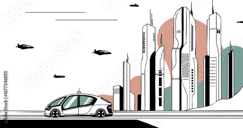 Futuristic electric car driving in modern city with skyscrapers and flying drones vector illustration