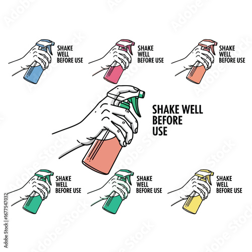 Illustration of hands holding colorful spray bottles with 'SHAKE WELL BEFORE USE' instructions for various products.