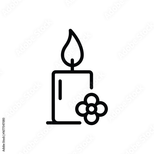 Simple black and white line art of a candle with a flower, representing remembrance.