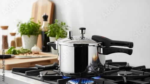 Stainless Steel Pressure Cooker on Gas Stove with Blue Flame with Kitchen Utensils and Fresh Herb Pot in a Bright White Kitchen Background