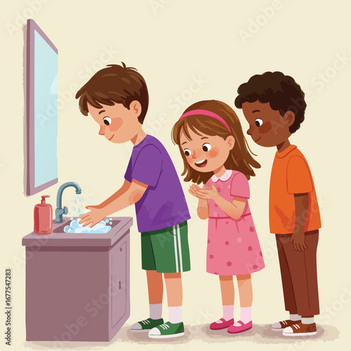 Children washing hands in bathroom promoting hygiene and health awareness vector illustration 