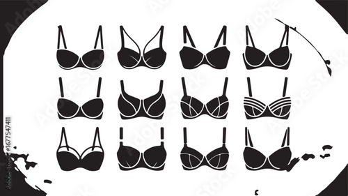 Collection of Twelve Black Silhouette Bras on White Background with Splatter Border lingerie