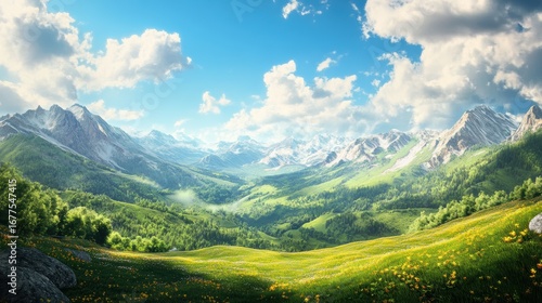 A breathtaking landscape showcasing lush green valleys surrounded by majestic mountains under a bright blue sky with fluffy clouds.