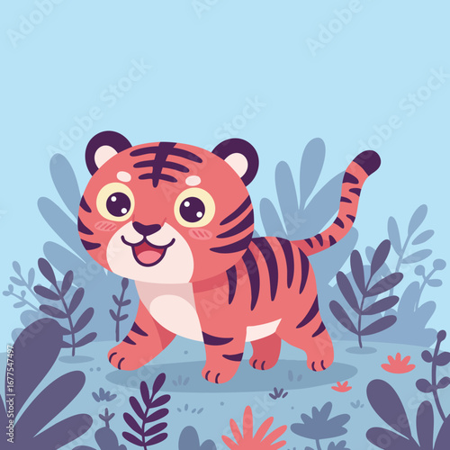 Cute cartoon tiger cub walking in purple and blue foliage vector illustration with light blue background 