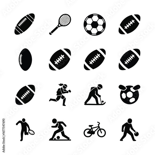 Collection of sport icons: football, soccer, tennis, running, skiing, cycling.