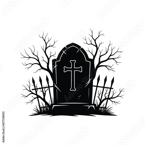 Silhouette of a tombstone and barren trees, suggesting a cemetery or graveyard.