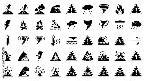 Natural Disaster Icon Set | Earthquake, Wildfire, Tornado, Flood, Storm, Eruption, Avalanche, Typhoon Warning Signs