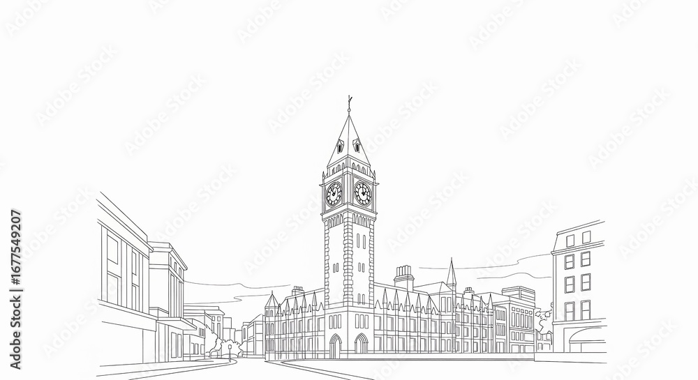 Fototapeta premium A detailed black and white line drawing showcases a classic European clock tower and surrounding buildings, depicting urban architecture.