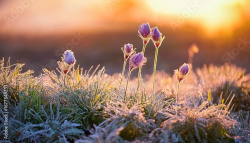 frost touched flowers glistening in soft light of early morning