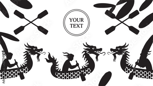 Dragon Boat Racing Silhouettes with Paddles and Text Circle black and white oars