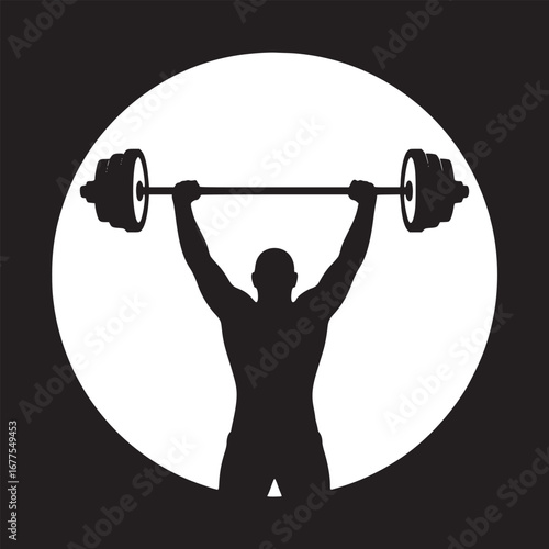 Silhouette of a man lifting a barbell overhead against a white circle on a black background