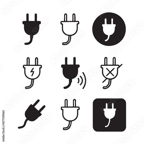 Collection of Power Plug Icons Depicting Various Electrical Connection and Energy Related Concepts on a White Background
