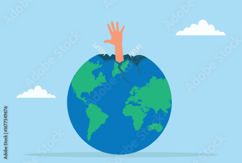 Vector illustration of a hand rising from a cracked Earth with the word 'HELP!', symbolizing global crisis, environmental emergency, and humanity’s urgent call for saving the planet
