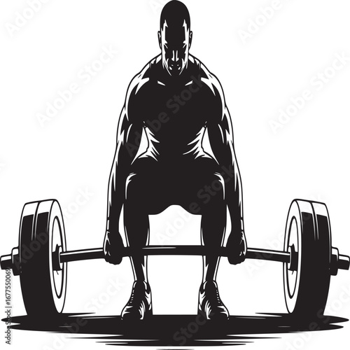 A muscular man in a weightlifting suit prepares to lift a heavy barbell in a black and white illustration