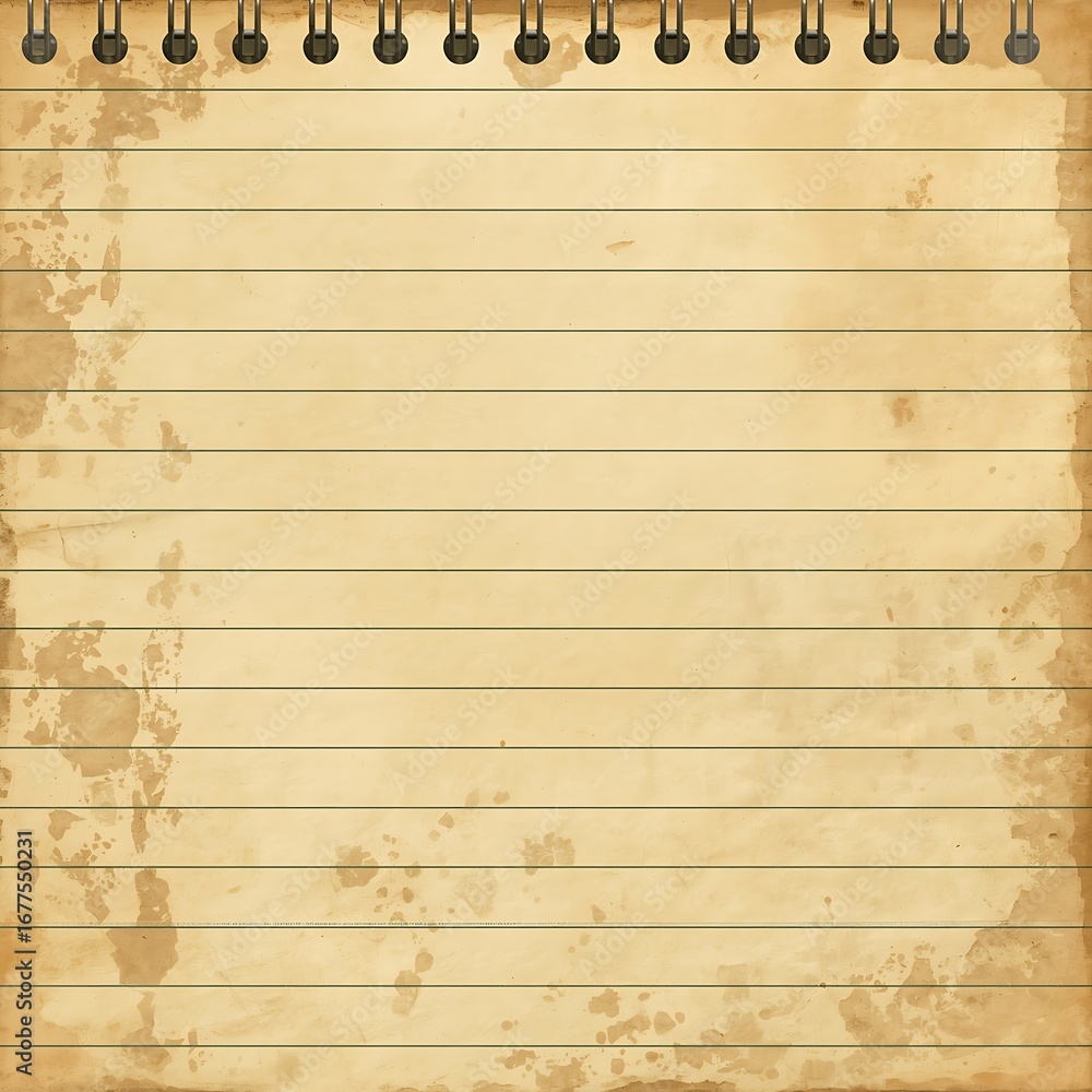 Naklejka premium An aged notebook page with horizontal lines and spiral binding at the top showing aged spots and stains copy space