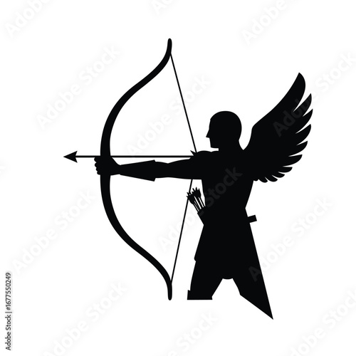 Silhouette of a winged archer drawing bow in dynamic pose on a white background. EPS 10.
