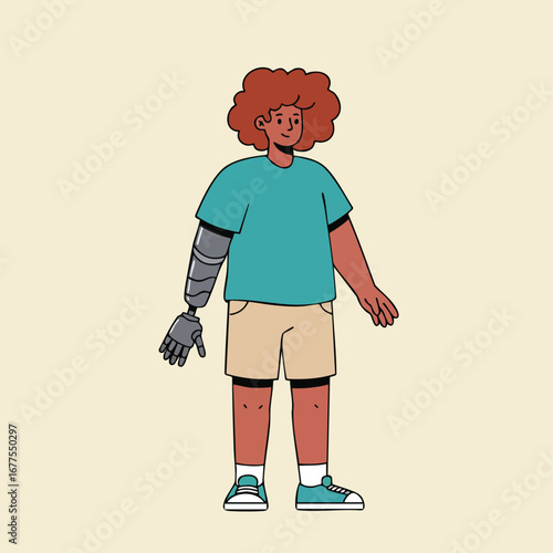 Child with robotic arm prosthesis in casual clothes standing and smiling digital vector illustration 