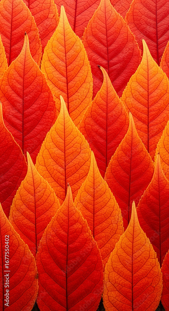 Obraz premium Intricate pattern of red and orange autumn leaves, showcasing vibrant fall colors and natural texture, representing seasonal change and autumnal beauty