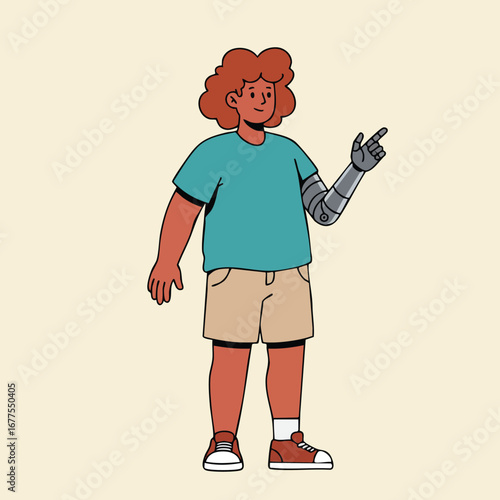 Boy with robotic prosthetic arm wearing casual summer clothes standing and gesturing vector illustration 