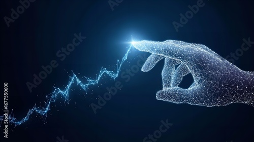 An abstract illustration of a hand guiding an upward trending arrow, symbolizing digital growth, progress, business success, and financial improvement.