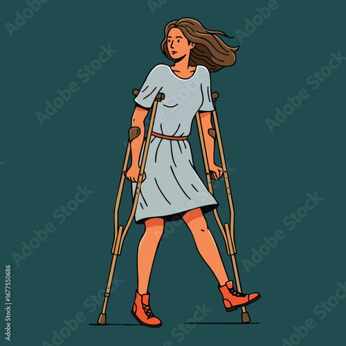 Woman walking with crutches in blue dress and red boots vector illustration showing mobility and strength