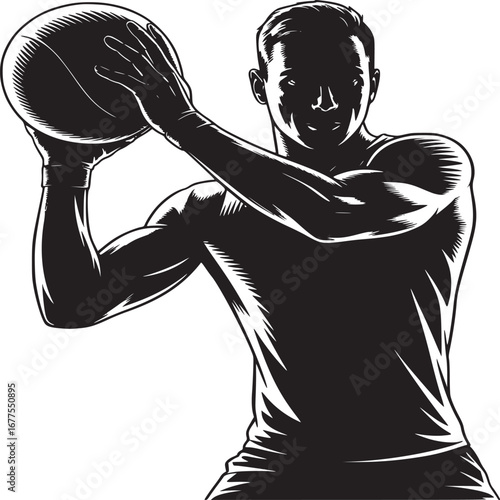 Monochrome depiction of a man holding a basketball with detailed shading and strong contrast design style