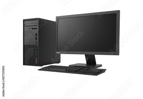 Modern desktop computer setup with monitor and keyboard for office or home use transparent background