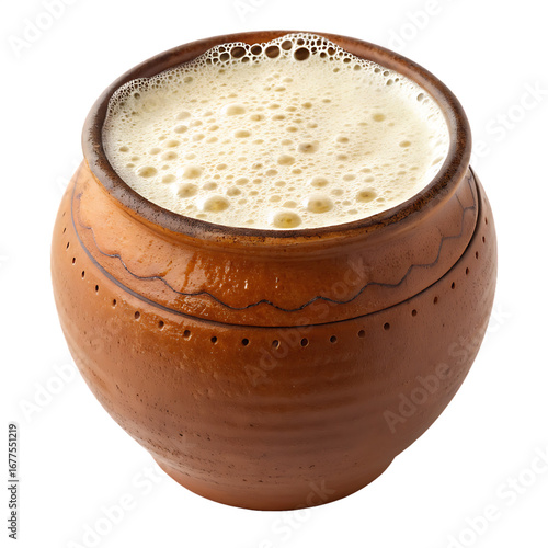 A creamy lassi in a traditional clay pot, isolated on transparent background, offers a refreshing and healthy taste of indian culture